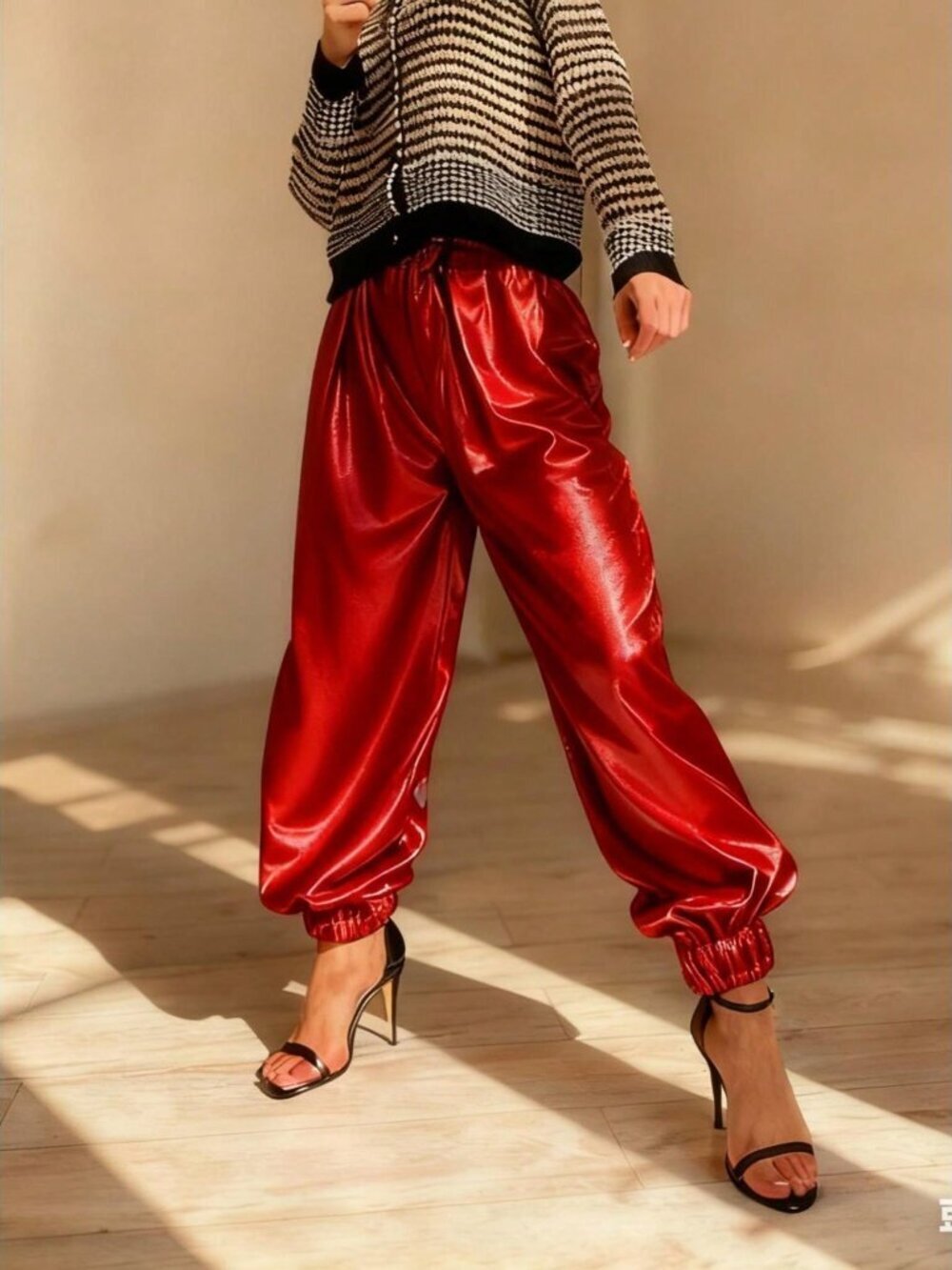 Red Shiny Hip Hop Women's Metallic Wetlook Streetwear Club Trousers